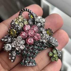 Floral Basket Brooch with Pink and Yellow Crystals